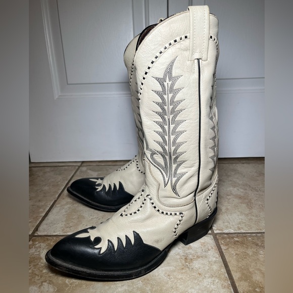 Rare Tony Lama Men's Cream Black Leather Vintage Western Boots Size 9.5 - Picture 5 of 13